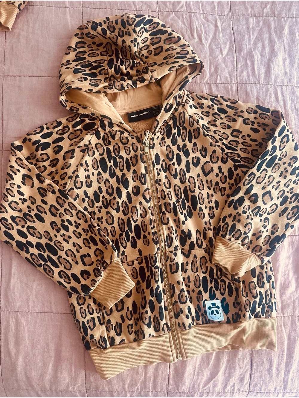 Mini Rodini Leopard Print Zip Hoodie in Tan and Black